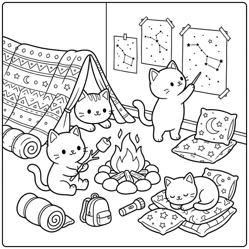 Cute Kittens Camping Indoors coloring page