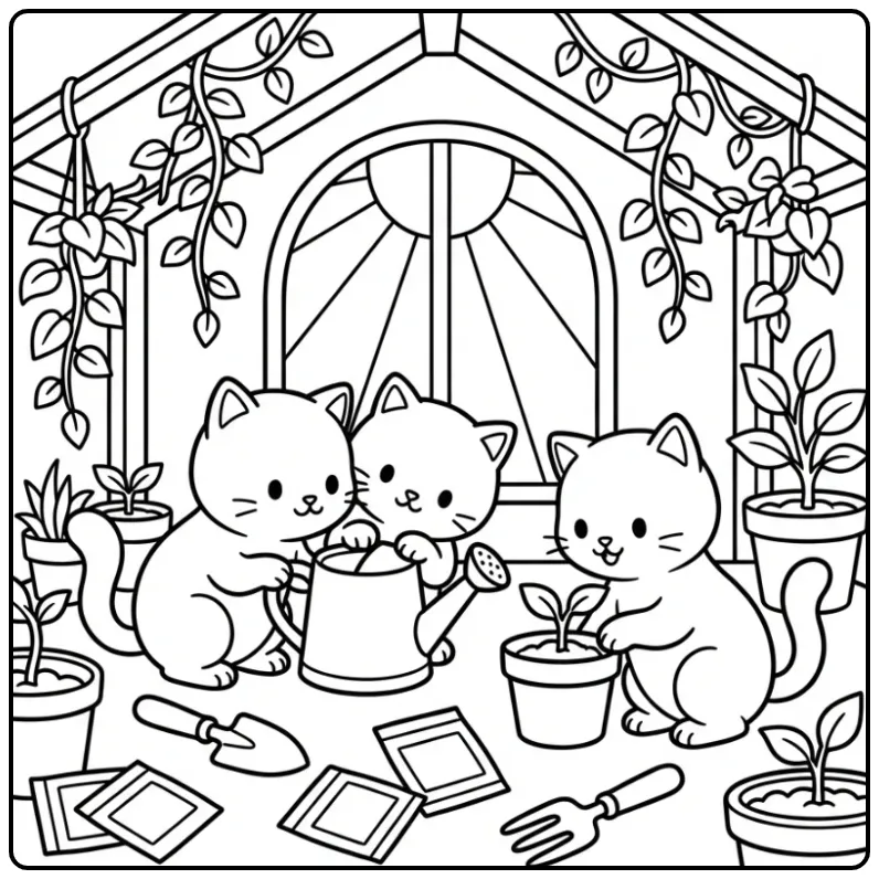 Cute Kittens with Watering Can and Plants coloring page