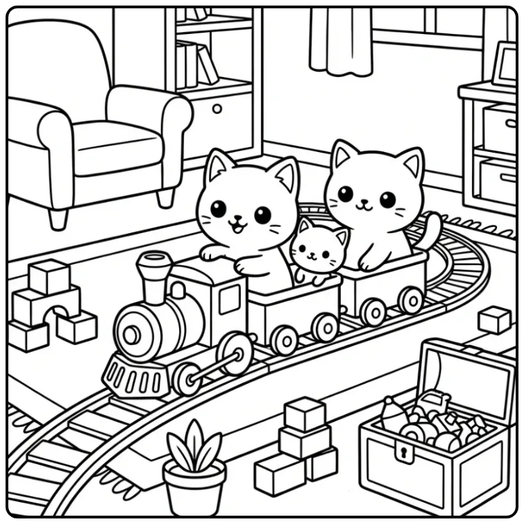 Cute Kittens on a Train Adventure coloring page
