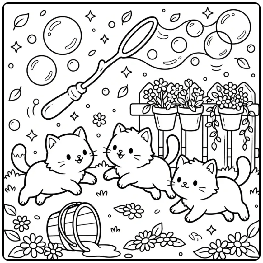 Cute Kittens Blowing Bubbles coloring page