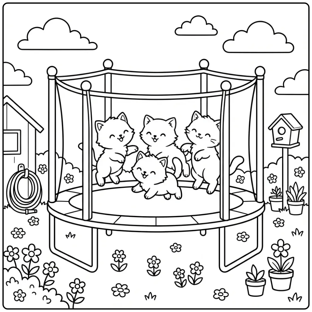 Cute Kittens Jumping on a Trampoline coloring page