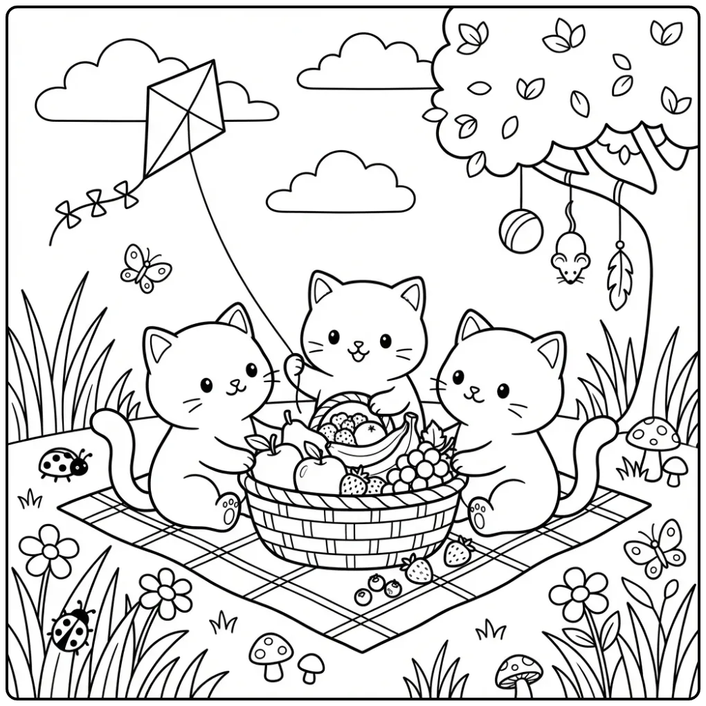 Cute Kittens at a Summer Picnic coloring page