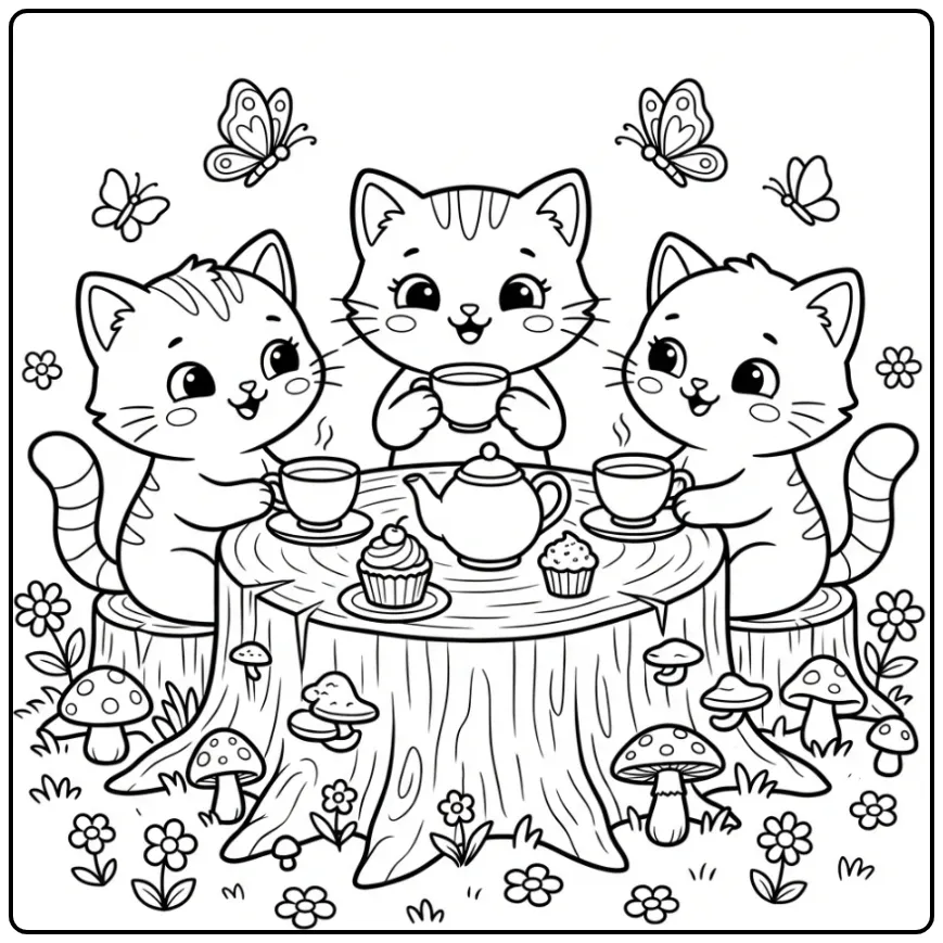 Cute Kittens Celebrating a Tea Party coloring page