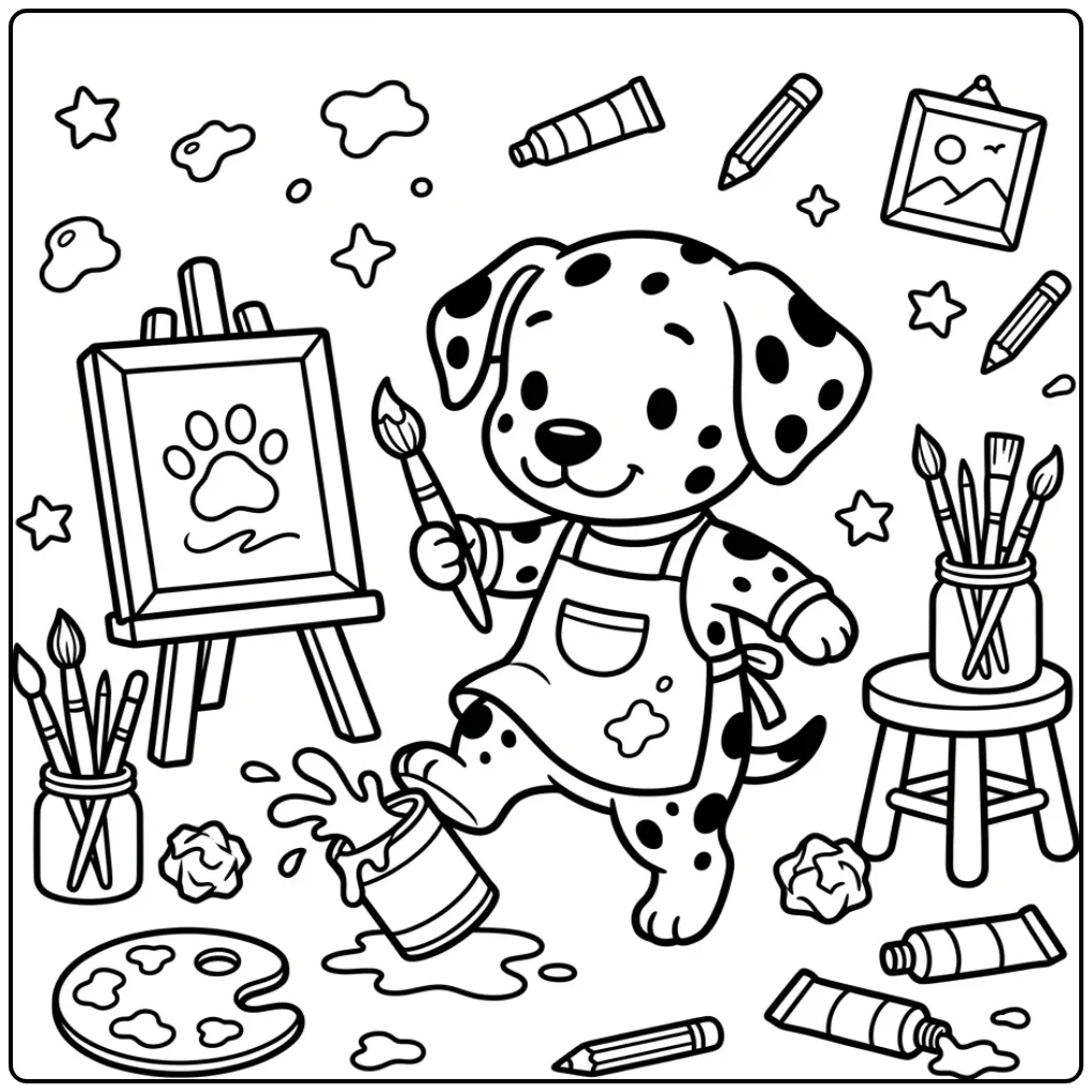 Cute Puppy Painter with Brushes coloring page