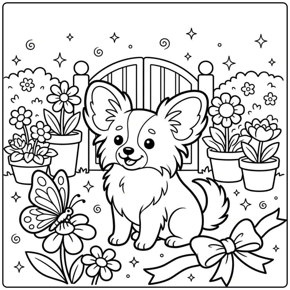 Cute Puppy by the Garden Fence with Bow coloring page
