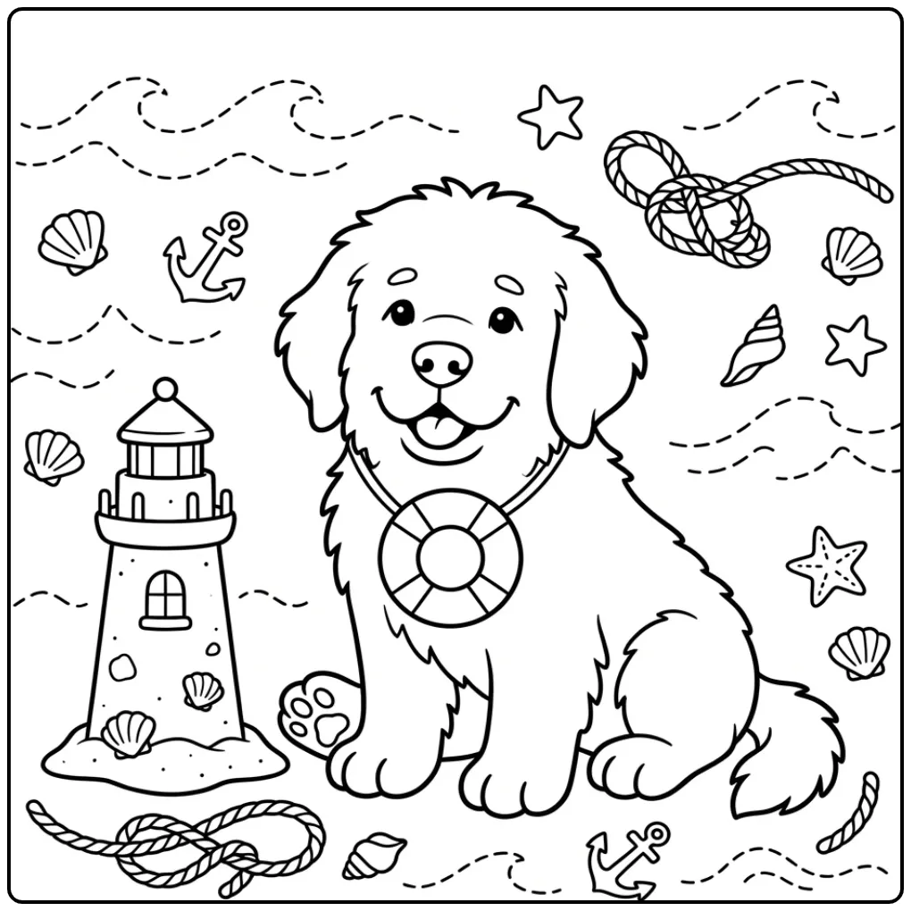 Cute Puppy with Lighthouse and Beach coloring page