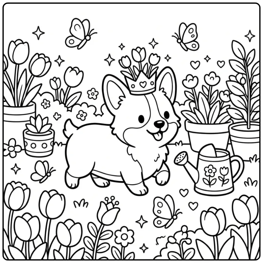 Cute Corgi Puppy with a Crown coloring page
