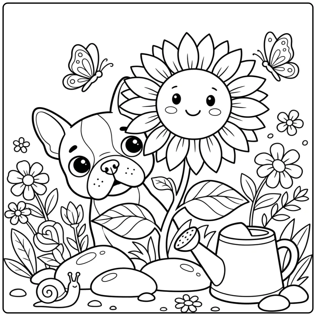 Cute Puppy in the Garden with Sunflower coloring page