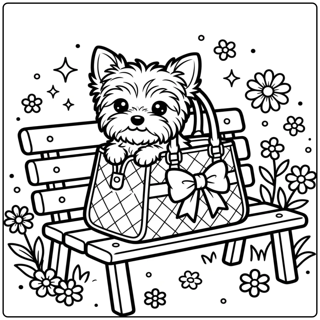 Cute Puppy in a Handbag with Flowers and Stars coloring page