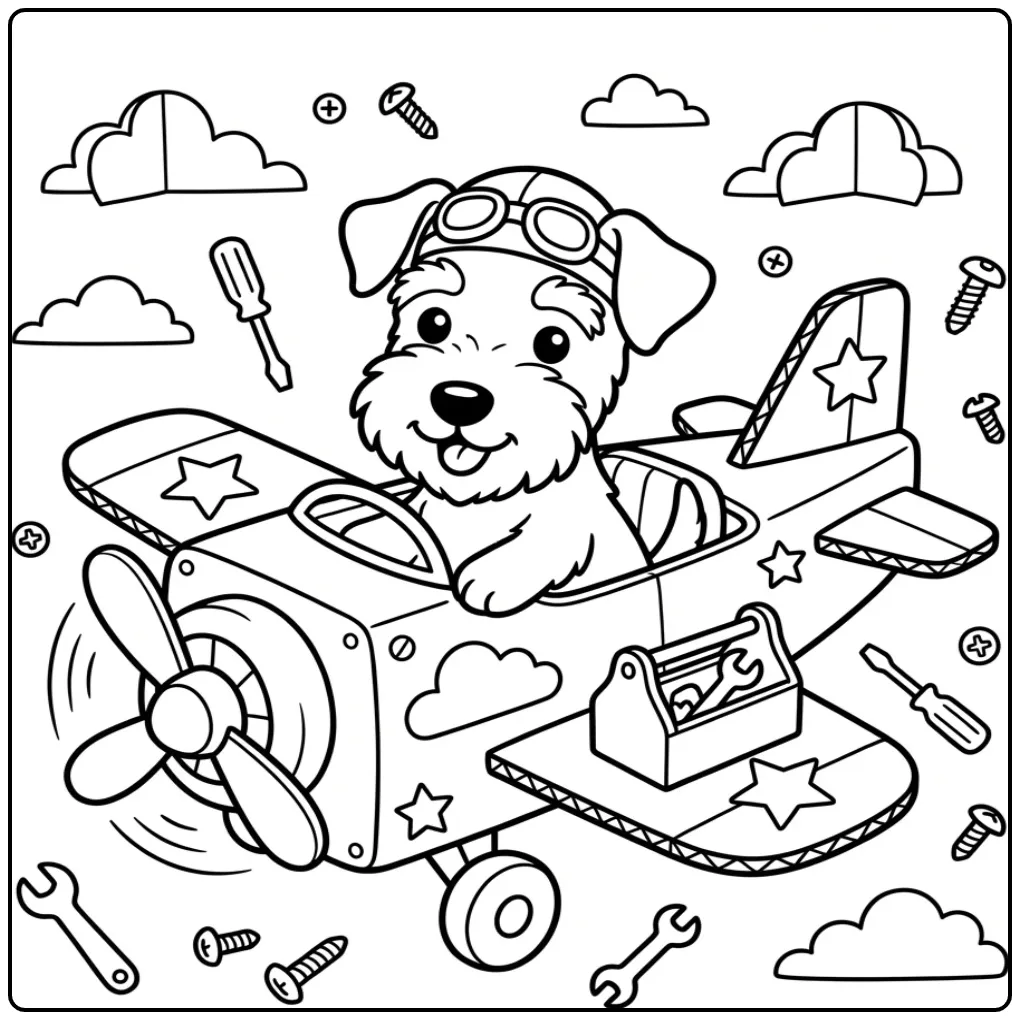 Cute Puppy in a Cardboard Airplane coloring page