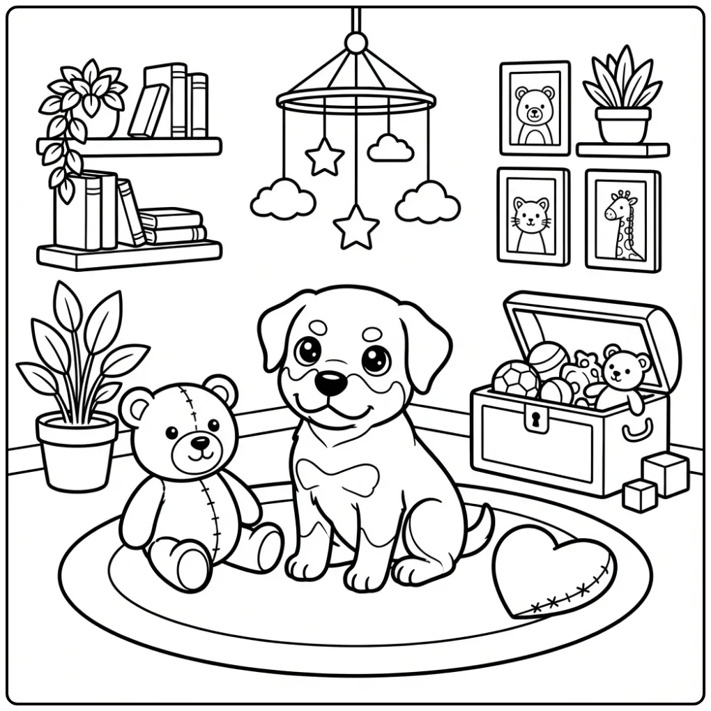 Cute Puppy in a Childrens Room with Toys coloring page