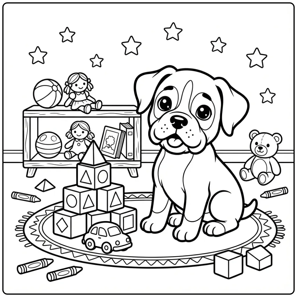 Cute Puppy in a Playroom with Blocks coloring page