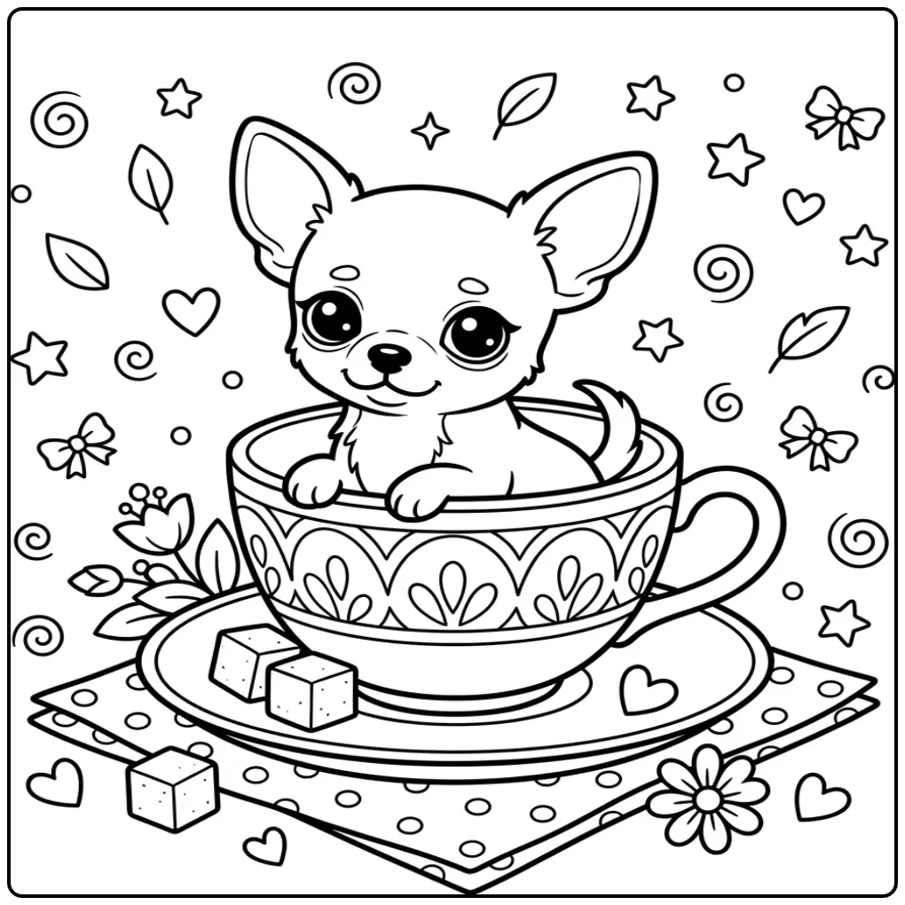 Cute Puppy in a Teacup with Sugar Cubes coloring page
