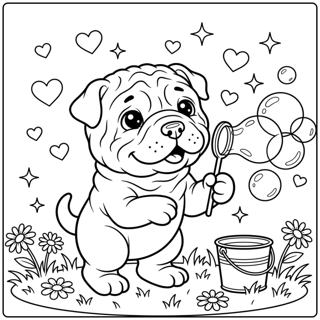 Cute Puppy Blowing Bubbles with Bucket coloring page