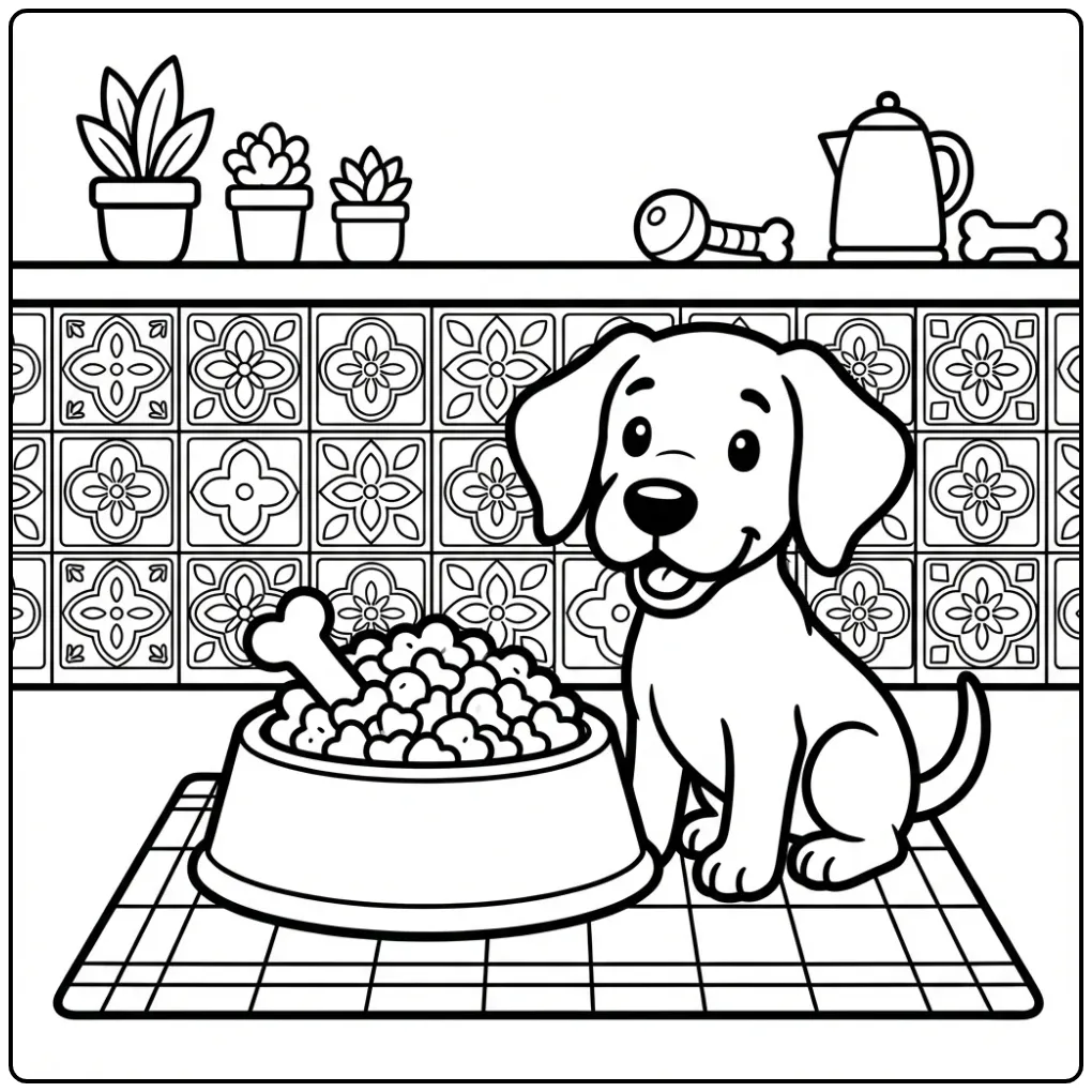 Cute Puppy with a Huge Food Bowl coloring page
