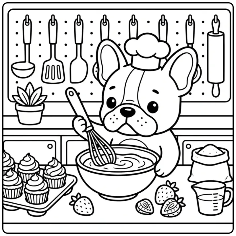 Cute Puppy with Chef Hat and Cupcakes coloring page