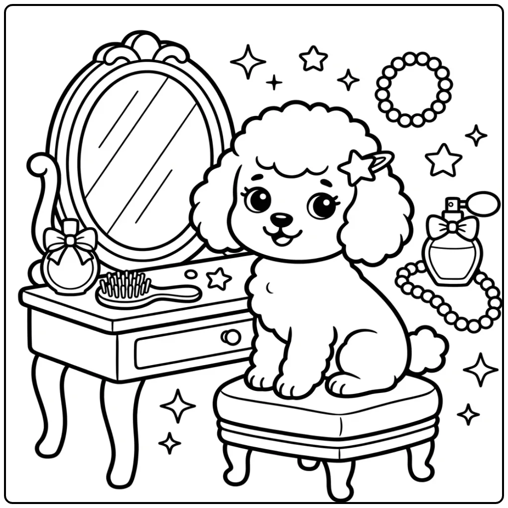 Cute Puppy with Pearls and Perfume Bottle coloring page