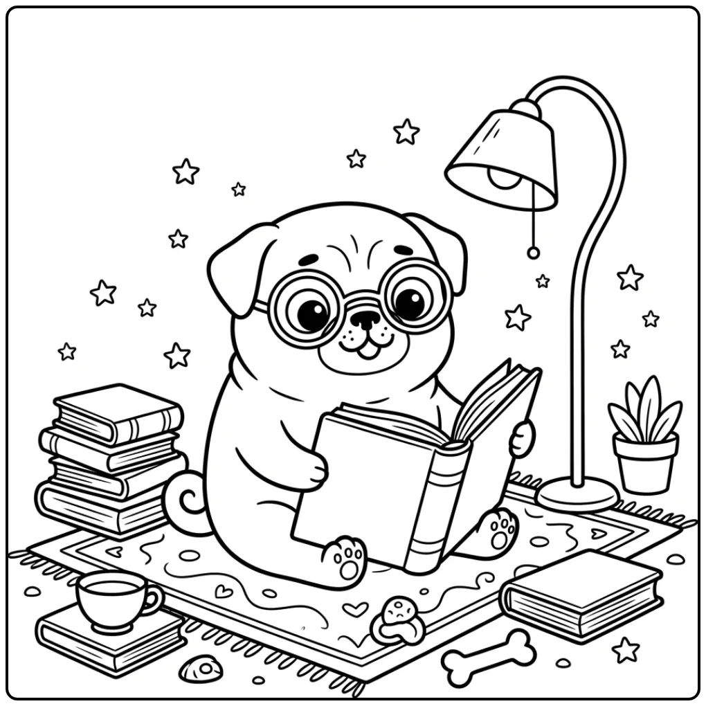 Cute Puppy with Round Glasses and Books coloring page