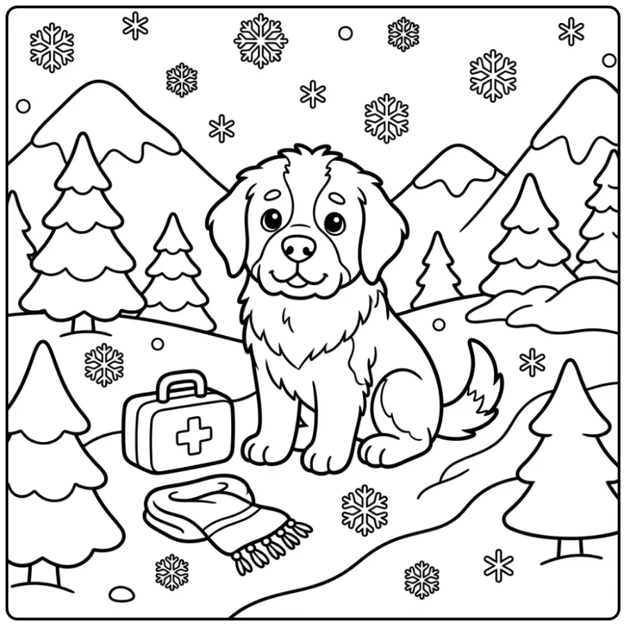 Cute Puppy with Scarf and Rescue Kit coloring page
