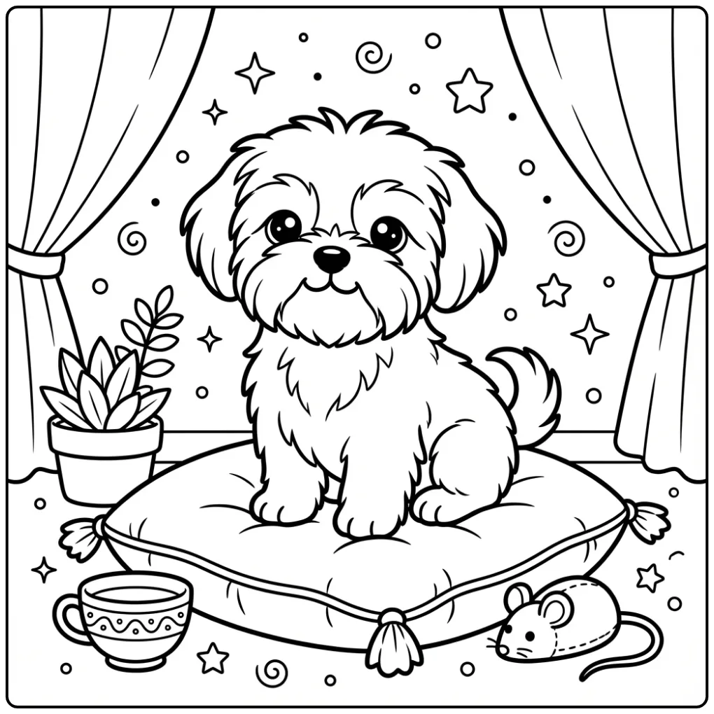 Cute Puppy with Toys and Teacup coloring page
