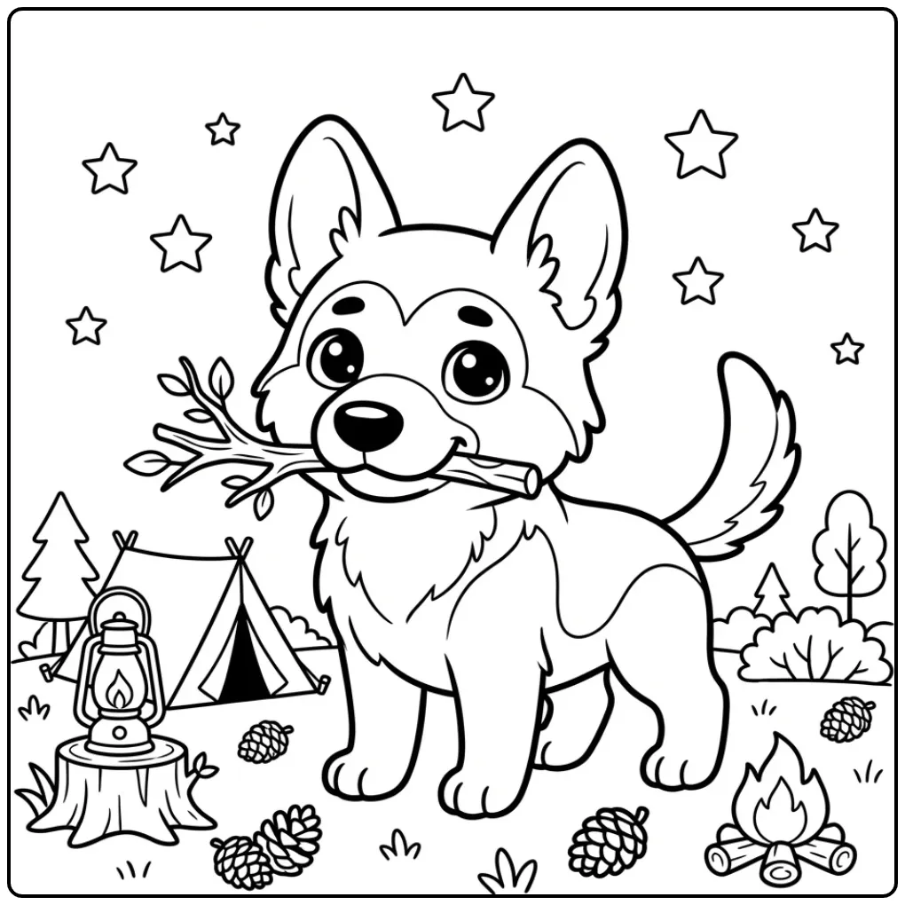 Cute Puppy Camping with Walking Stick coloring page