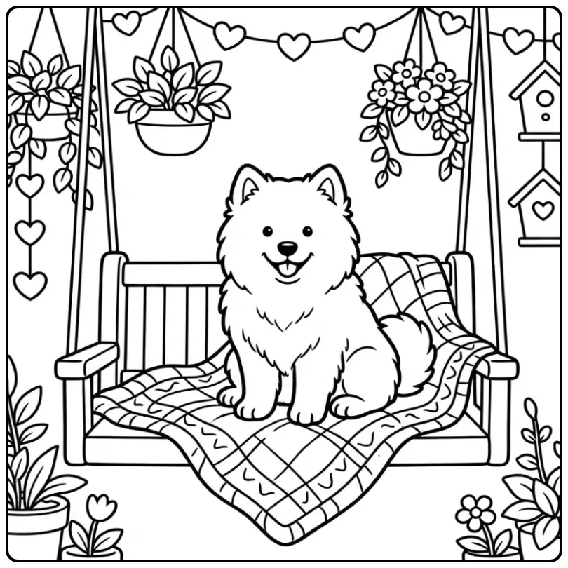 Cute Samoyed Puppy on a Swing with Hearts coloring page