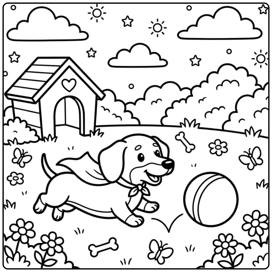 Cute Dachshund Puppy with Cape and Ball coloring page