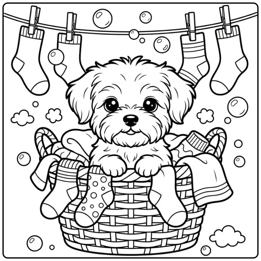 Cute Puppy Among Laundry and Stockings coloring page