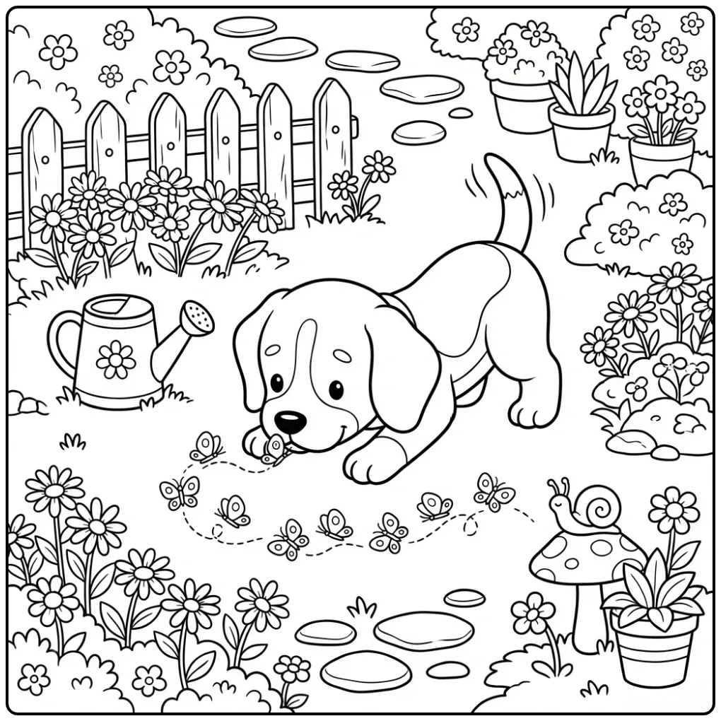 Cute Puppy Among Daisies with a Watering Can coloring page