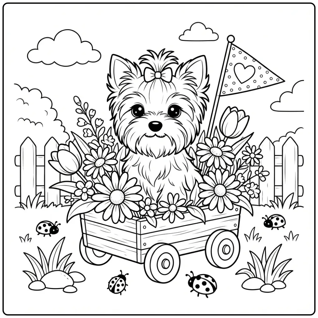 Cute Yorkie Puppy in a Cart coloring page