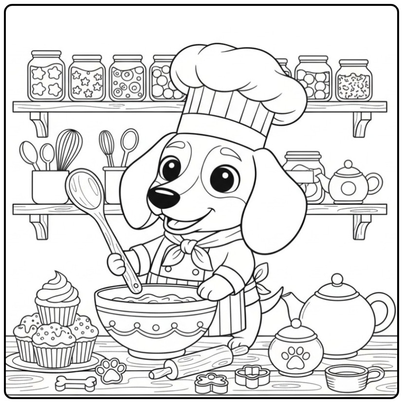 Dachshund Baking the Most Delicious Cupcakes for You coloring page