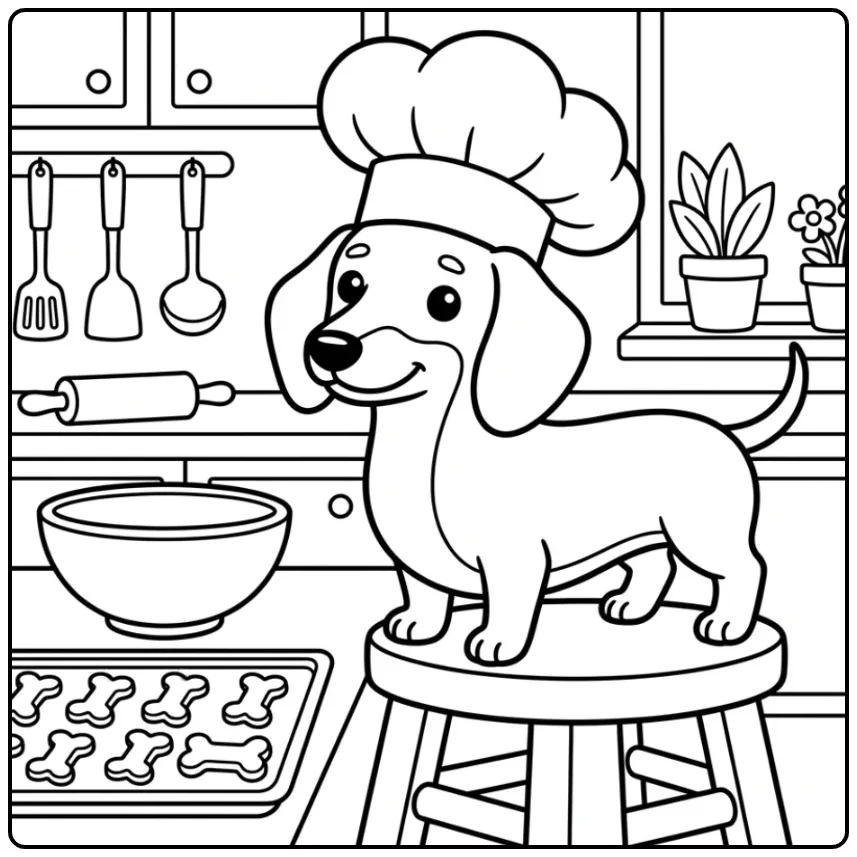 Dachshund Puppy with a Chef Hat and Cookies coloring page