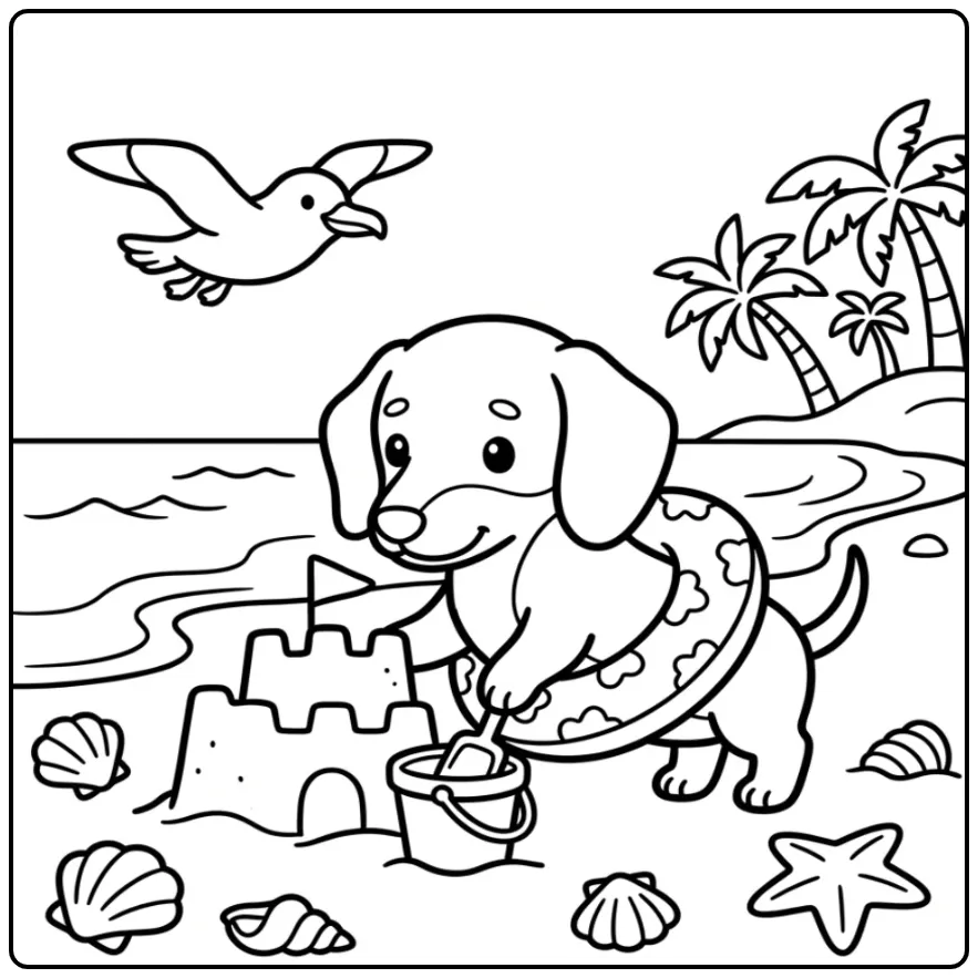 Dachshund Puppy with Swim Ring and Sand Castle coloring page