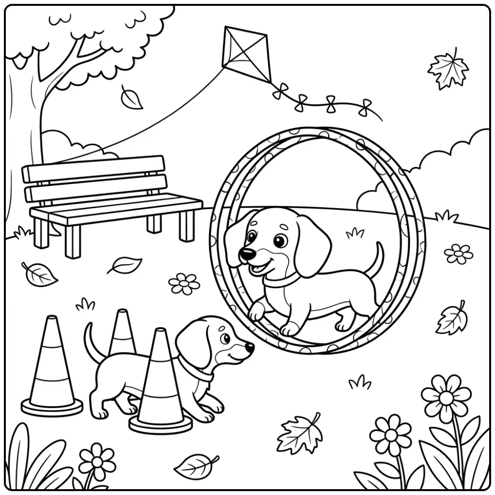 Dachshund Puppy Practicing in the Park coloring page