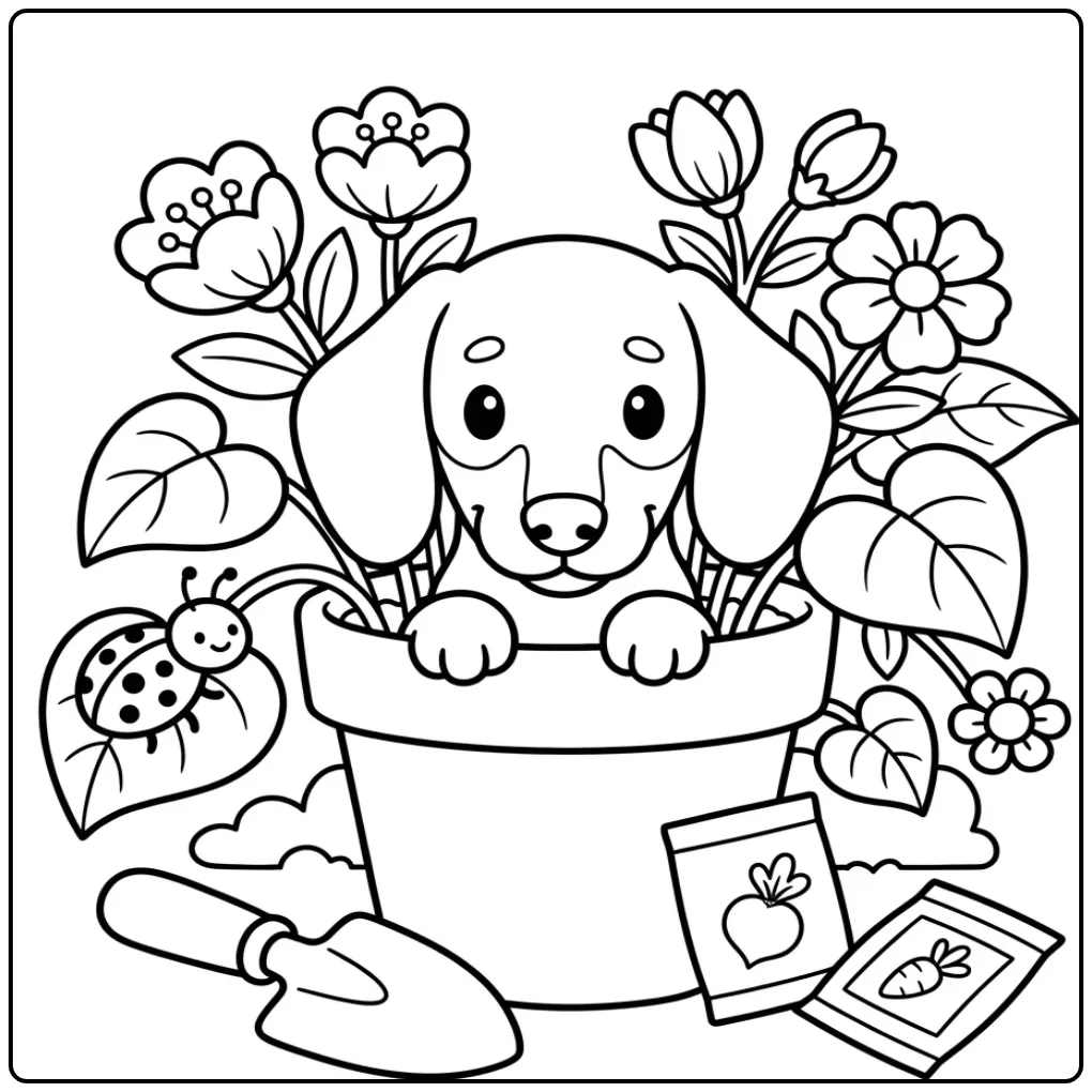 Dachshund Puppy Hidden in the Garden with Flowers coloring page