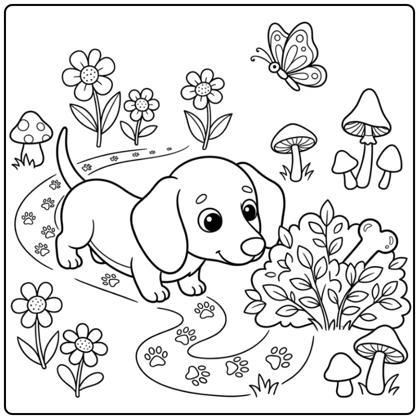 Dachshund Puppy Searching Toy in Nature coloring page
