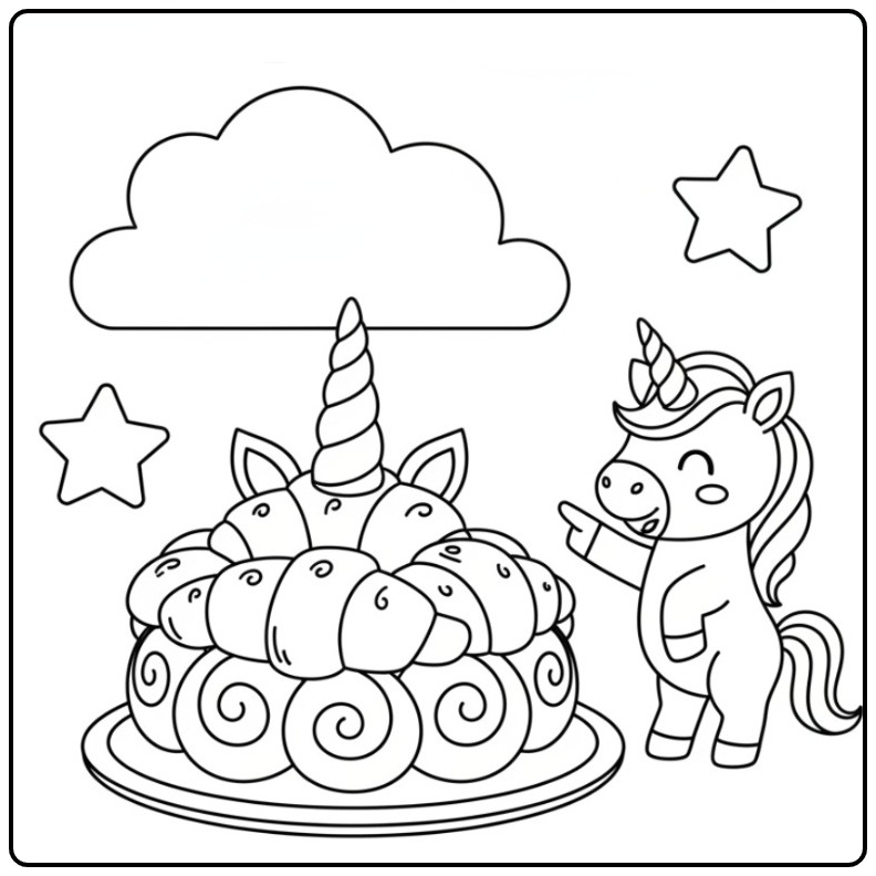 Unicorn Croissant Cake a Sweet Surprise coloring page