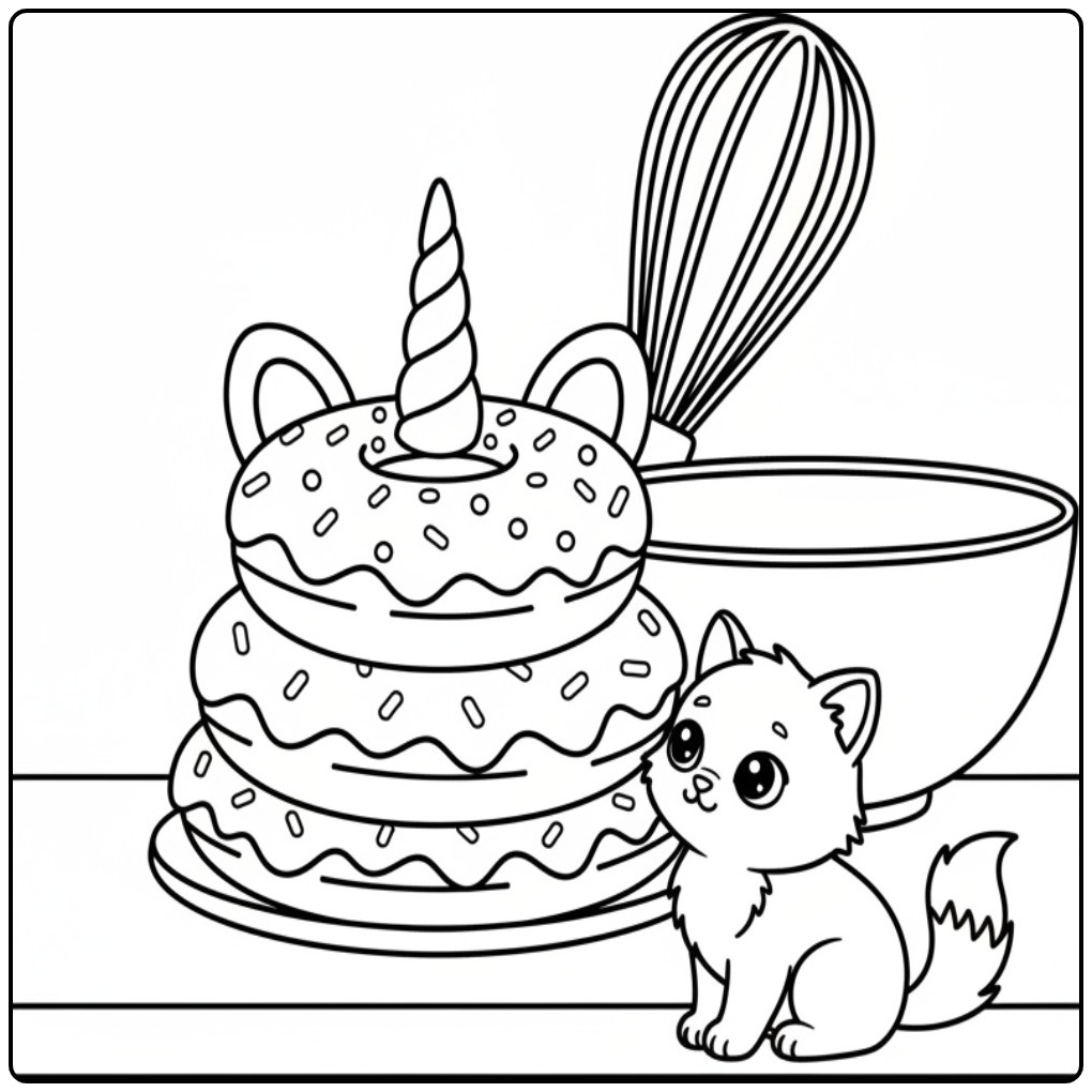 Unicorn Donut Cake with a Sweet Small Kitten coloring page