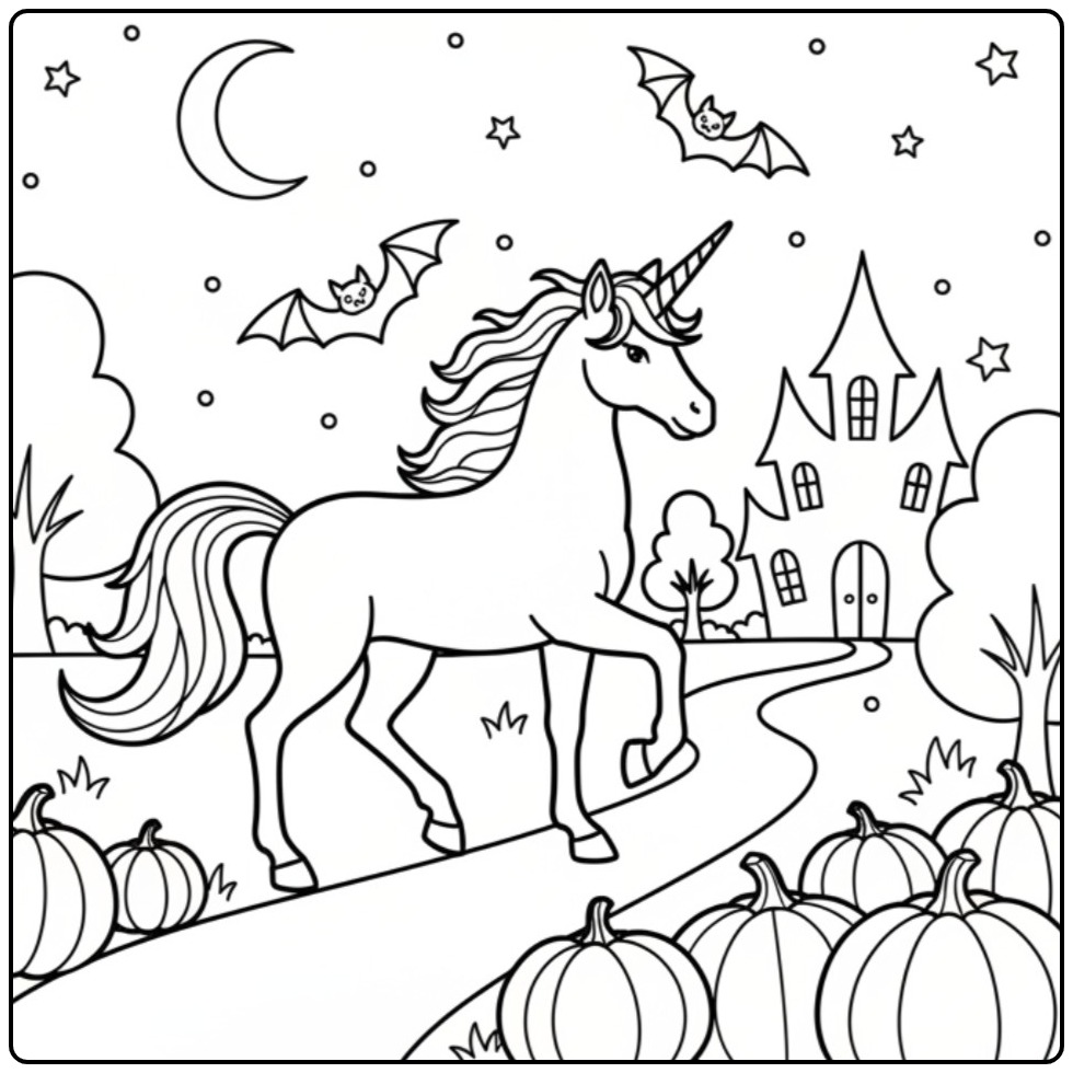 Unicorn and Bat for Halloween coloring page