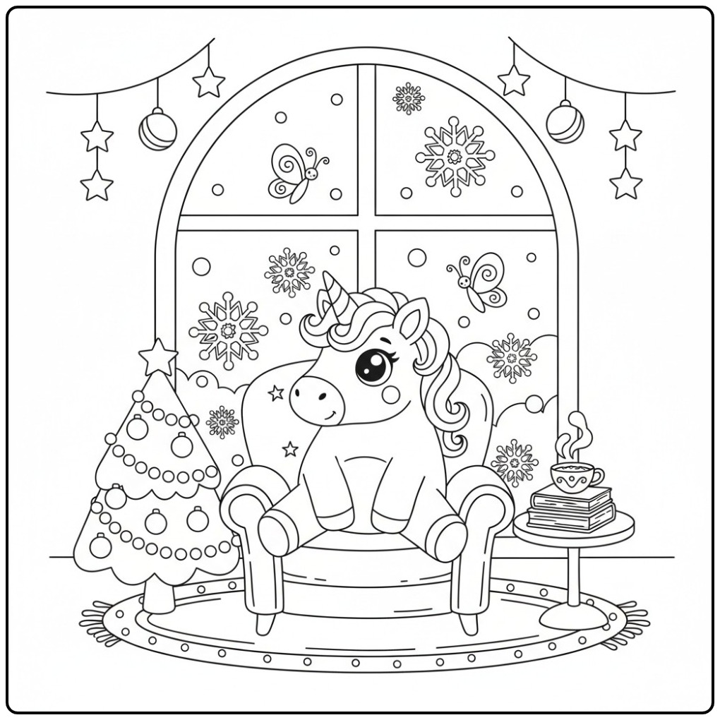 Unicorn and Butterflies Christmas Cozy in Winterwonderland coloring page