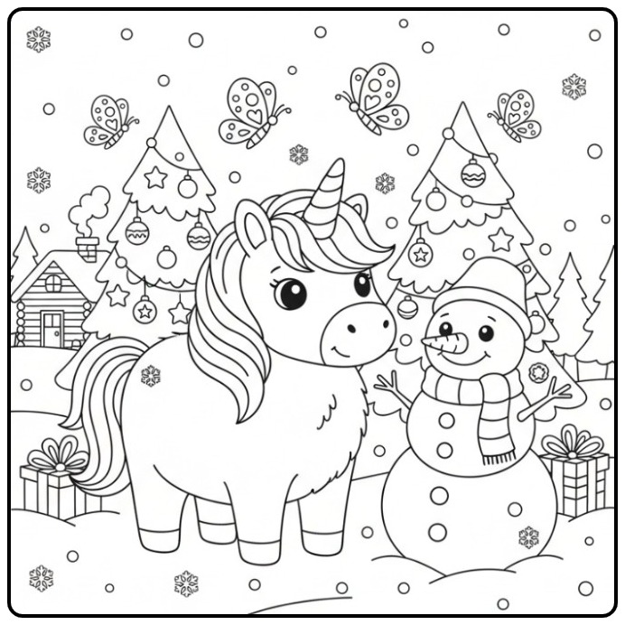 Unicorn and Butterflies Christmas in a Wintry Setting coloring page