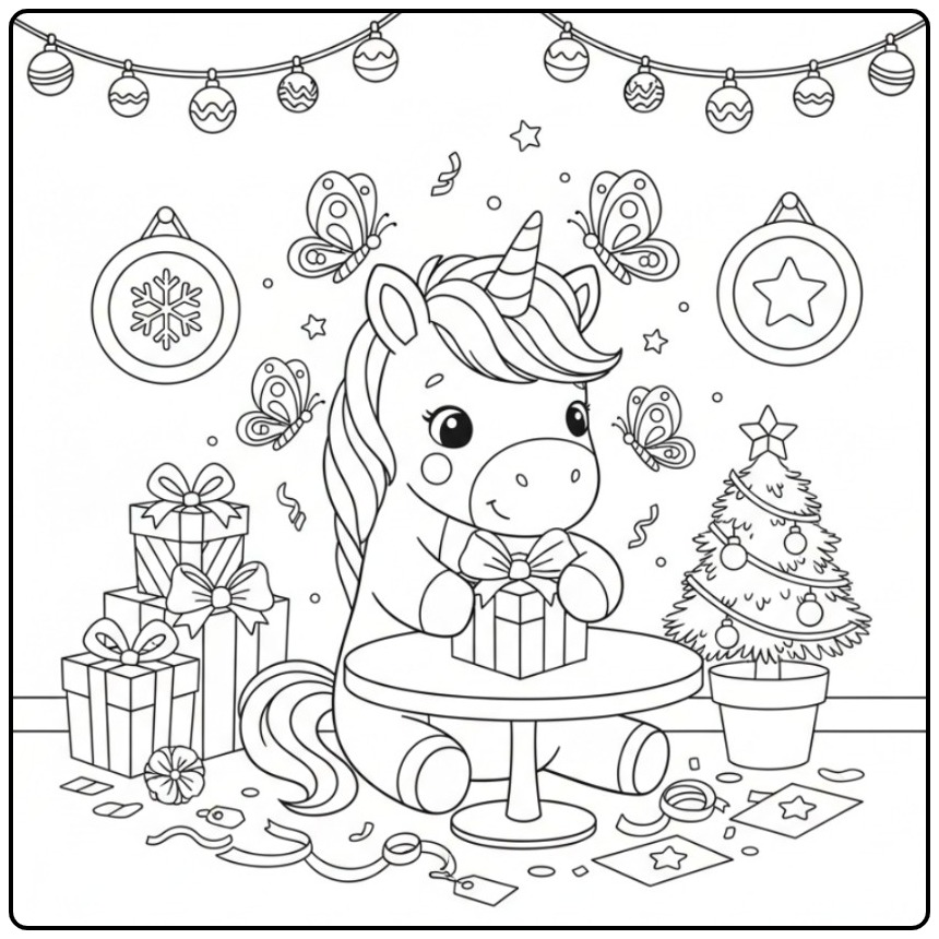 Unicorn and Butterflies Cheerful Unwrapping on the Christmas coloring page