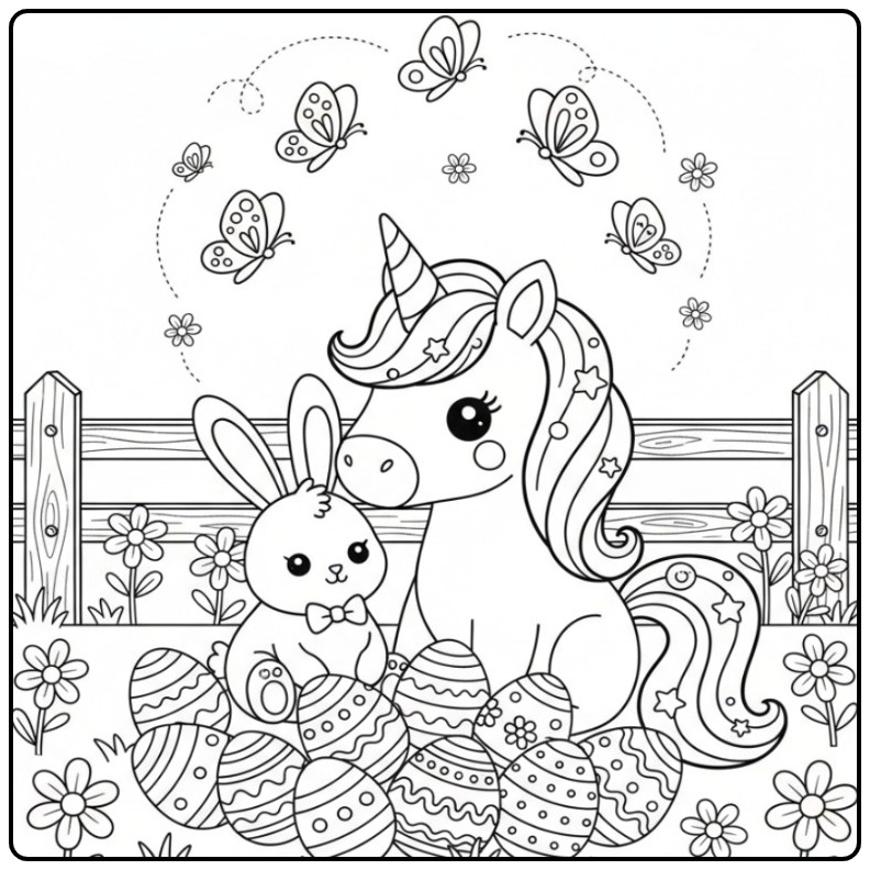 Unicorn and Butterflies Easter Together with a Sweet Little Rabbit coloring page