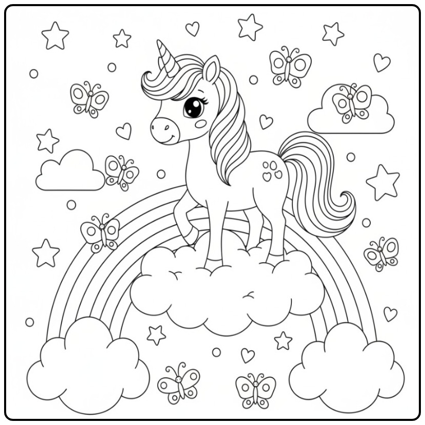 Unicorn and Butterflies Rainbow Magic in the Sky coloring page