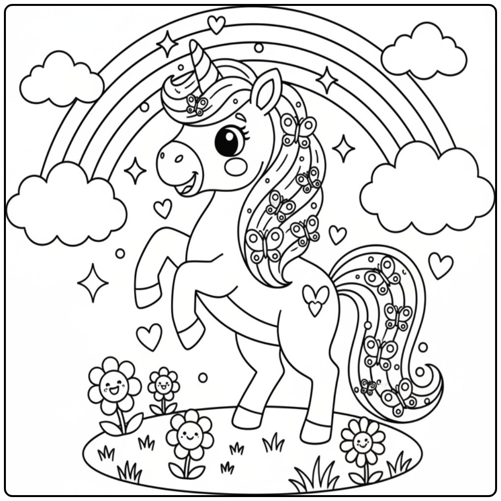 Unicorn and Butterflies Rainbow Magic coloring page