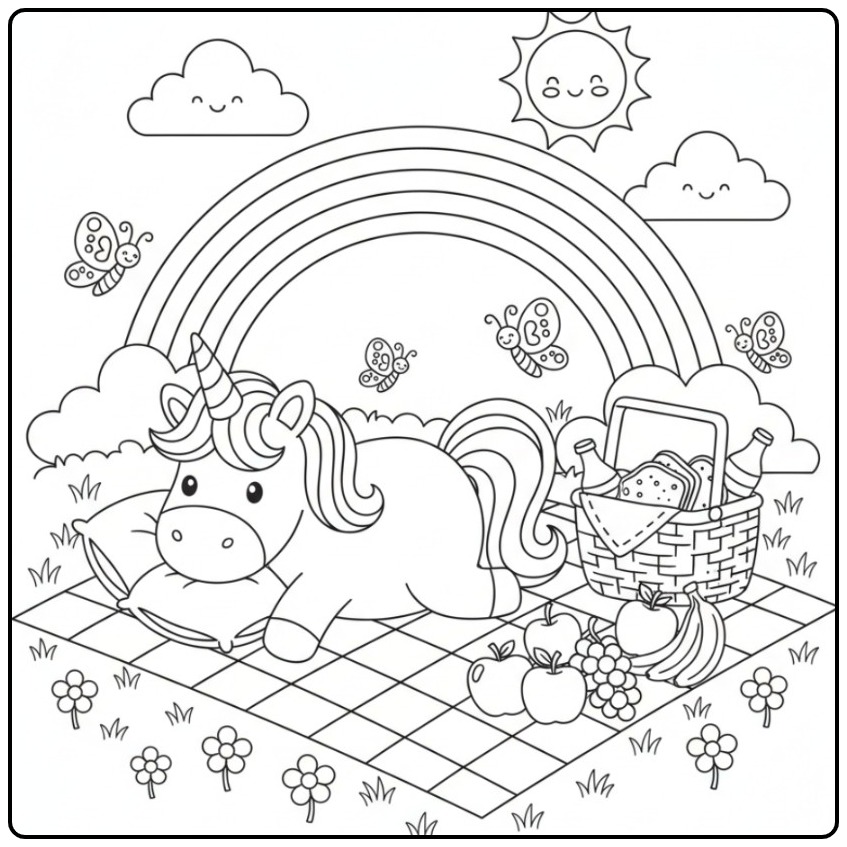 Unicorn and Butterflies Rainbow Cheerful Picknickdag coloring page
