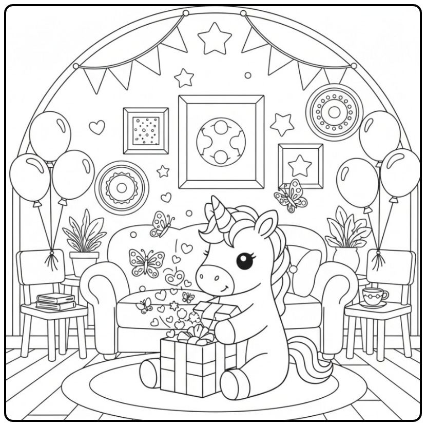 Unicorn and Butterflies Birthday a Festive Gift coloring page