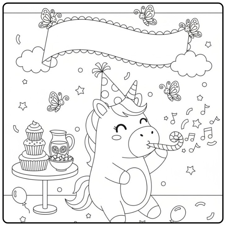 And Butterflies Birthday Unicorn Blowing Toeter coloring page