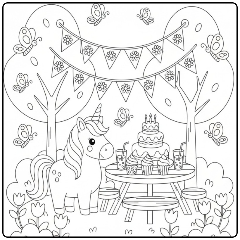 And Butterflies Birthday Unicorn Celebrating Party coloring page