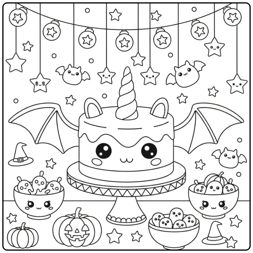 Unicorn Halloween Cake on a Decorated Party Table coloring page